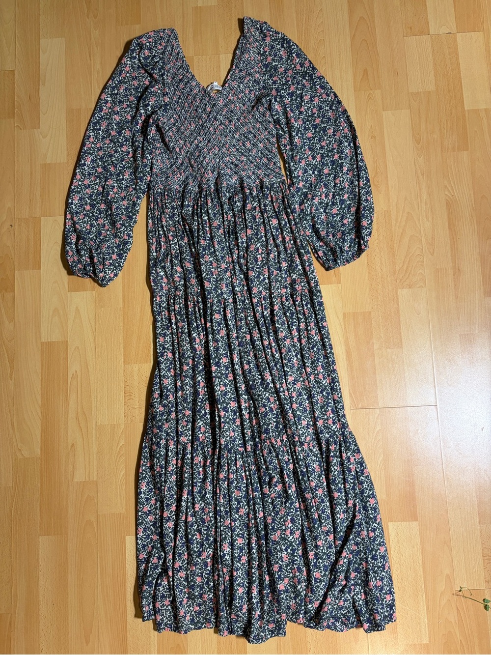 Apiece Apart Olivas Floral Fit & Flare Maxi Dress Smocked Bodice Long Sleeve - Picture 9 of 12